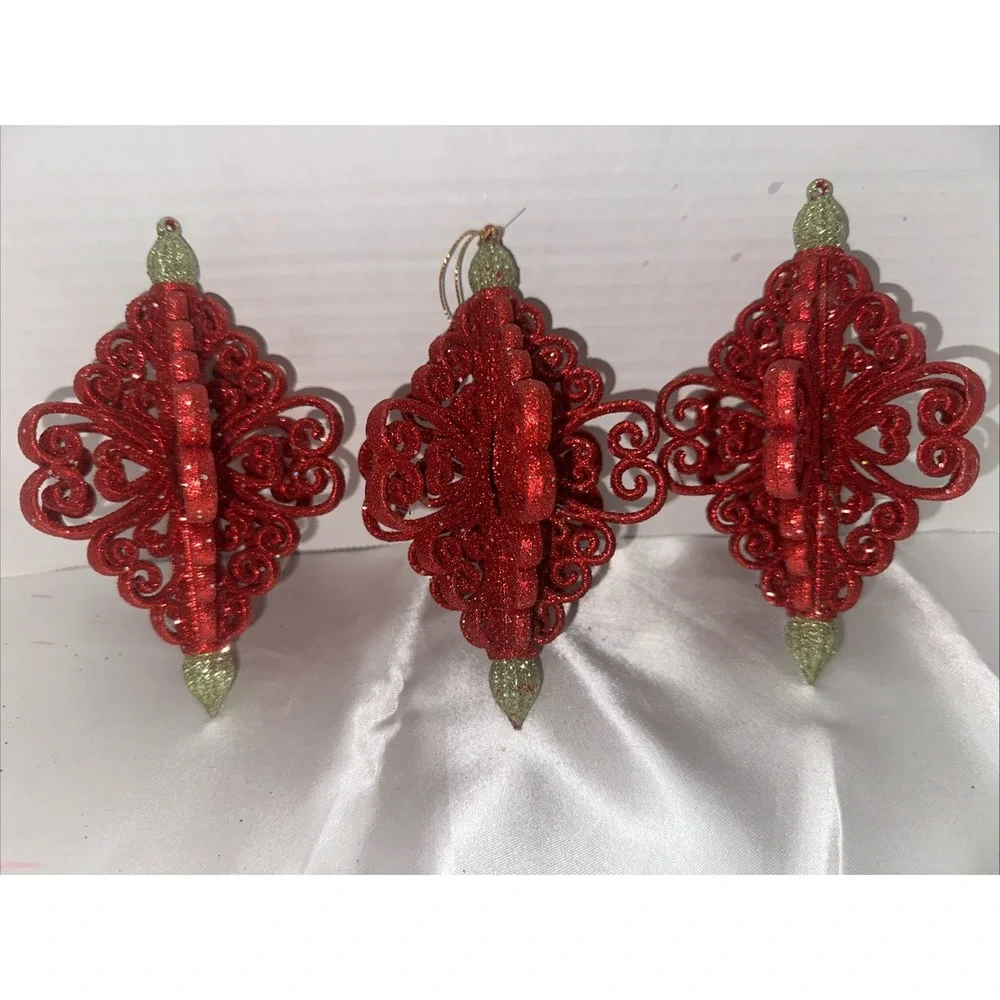 Red Glitter Scroll Christmas Ornaments Set of 3 Filigree Finial Holiday Decor